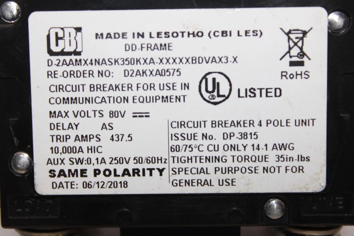 Used CBI CIRCUIT BREAKER D2AKXA0575 4-POLE 80 VDC 350 AMP 437.5 AMP TRIP D-2AAMX4NASX