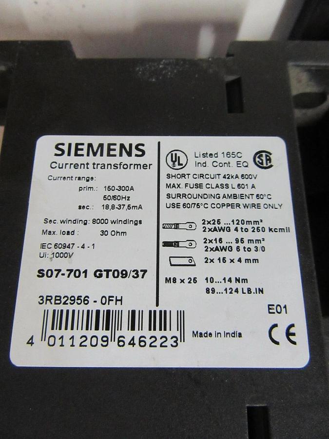 Used SIEMENS SIZE 4.5 SIRIUS STARTER 125 HP @ 460 V 3PH 195 A 120 V COIL 3RT1055-6