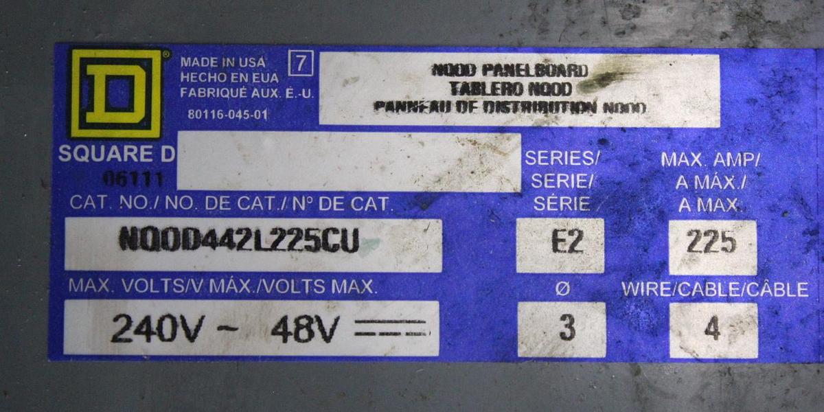 Used SQUARE D NQOD PANELBOARD 240 VAC 48 VDC 225 AMP 4W 3-PHASE 42-SLOT