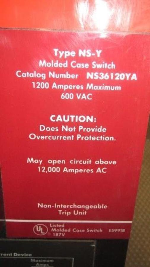 Used CUTLER HAMMER NS-Y BREAKER RED LABEL 1200 AMP MAX 600 VAC 3 POLE MODEL NS36120YA