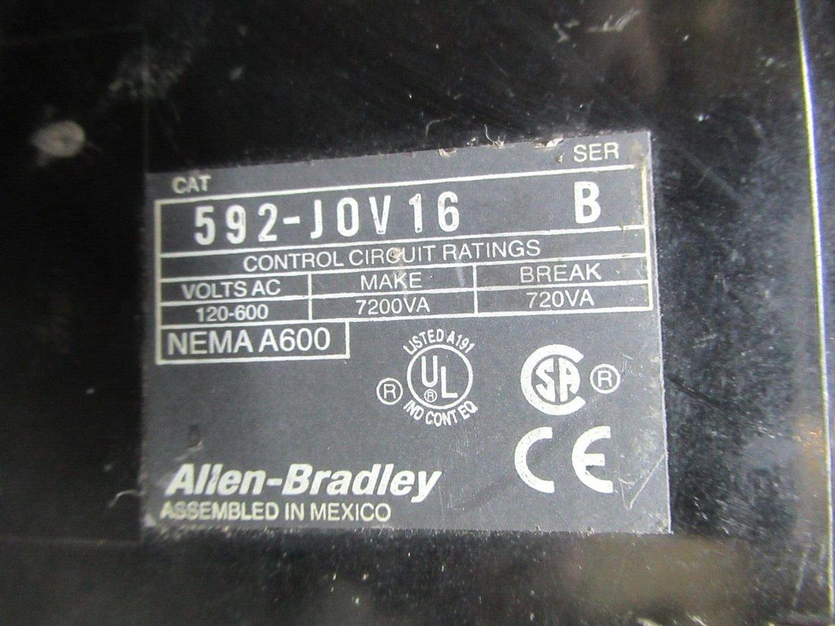 Used ALLEN BRADLEY THERMAL OVERLOAD RELAY 592-J0V16 SER. B 120-600 VAC NEMA A600