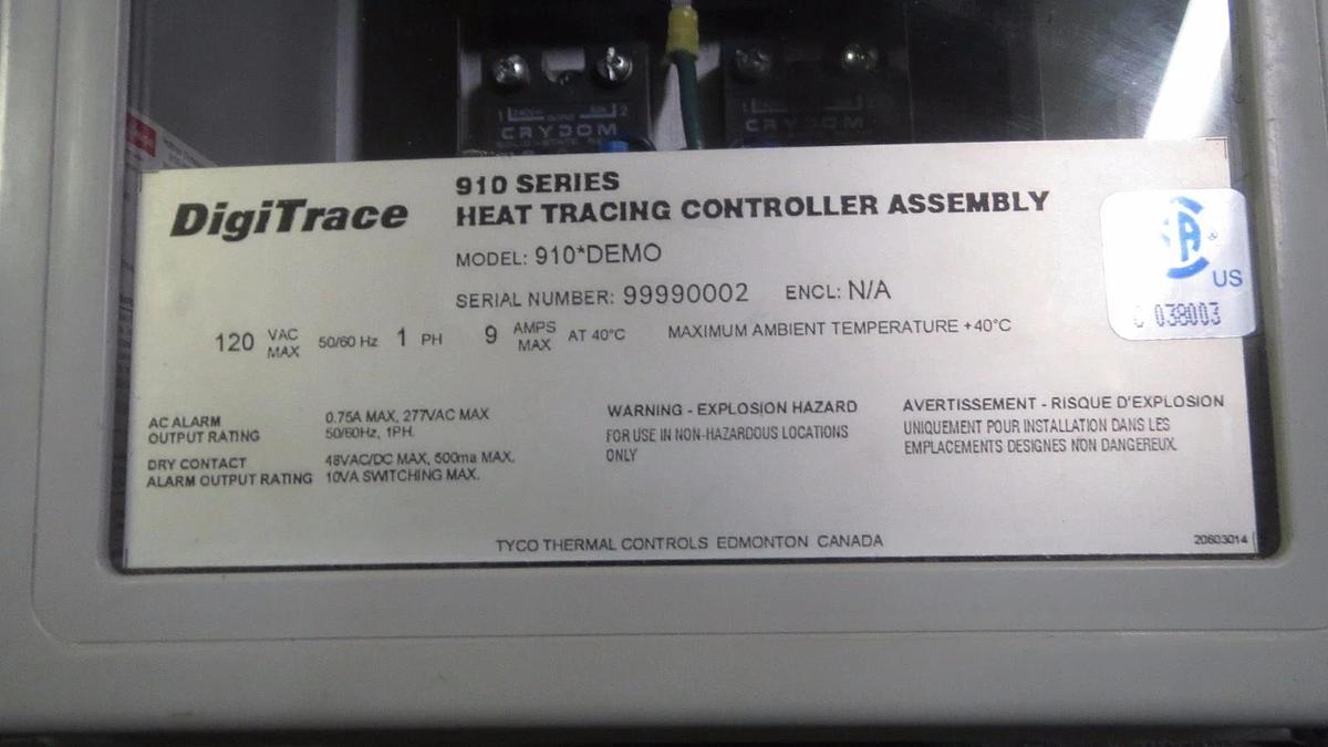 TYCO DIGITRACE 910 SERIES HEAT TRACING ASSEMBLY 4X ENCLOSURE MODEL: 910*DEMO