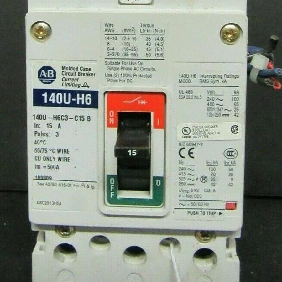 Used 15 AMP ALLEN BRADLEY BREAKER 140U-H6C3-C15 SER. B 3 POLE 600 VAC **WARRANTY**