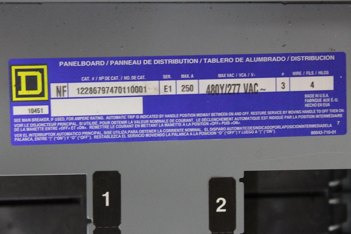 Used SQUARE D NQOD PANELBOARD 240 VAC 48 VDC 225 AMP 4W 3-PHASE 42-SLOT