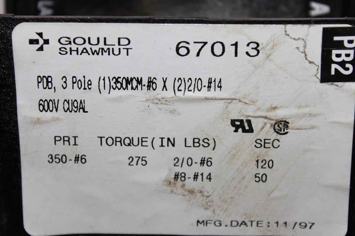 Used LOT OF 3 GOULD SHAWMUT TERMINATION LUG 67013 PDB 3-POLE 600 VOLT **WARRANTY**