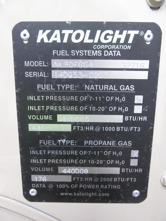 Used 30 KW NATURAL GAS PROPANE GENERATOR KATOLIGHT 120/240V RE-CONNECTABLE 114 HRS VIDEO WE SHIP