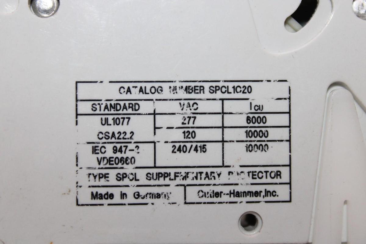 Used CUTLER-HAMMER CIRCUIT BREAKER SCPL1C20 SINGLE POLE 20 AMP 277 VAC C20