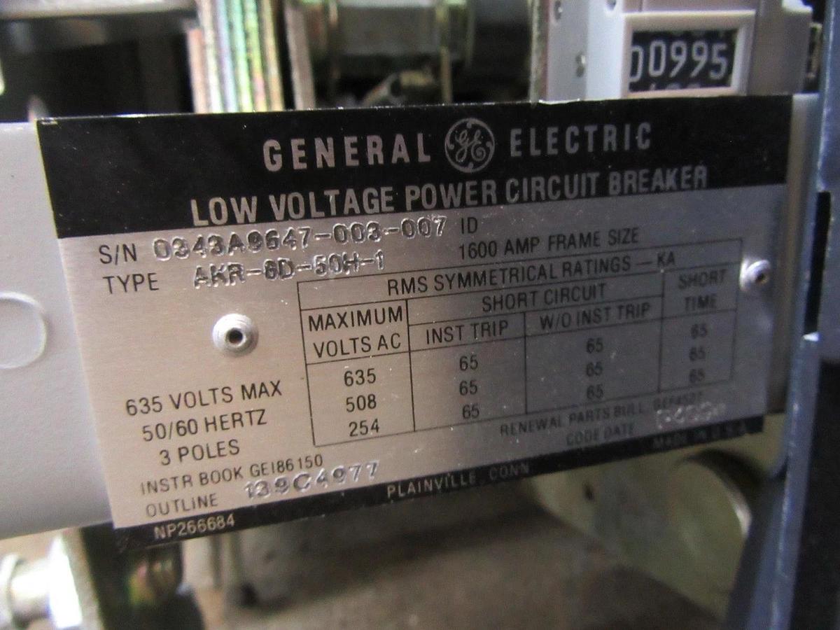 Used GE AKR 1600 AMP BREAKER AKR-8D-50-H1 MICRO VERSA TRIP A216LSGMR 1600A GROUND LSG