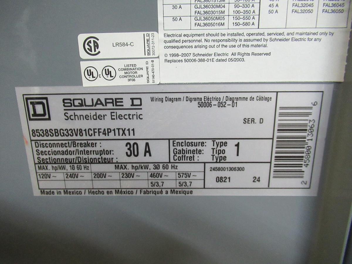 Used SQUARE D COMBINATION STARTER 8538SBG33C81CFF4P1TX11 TYPE 1 30 AMP 600 VAC 5 HP