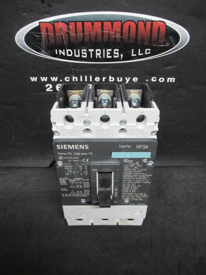 Used SIEMENS CIRCUIT BREAKER HFS3S250L TYPE: HFGA FRAME: FG 200 AMP 600 VAC 3-POLE