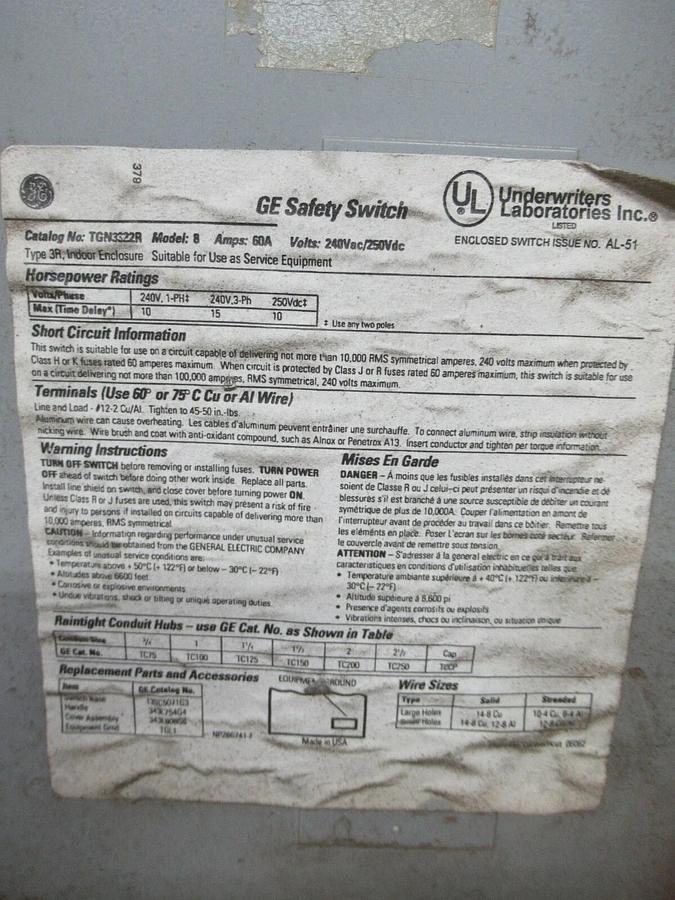 Used GE ENCLOSED INDOOR SAFETY SWITCH TGN3322R MODEL: 8 60 AMP 240 VAC 3R ENCLOSURE