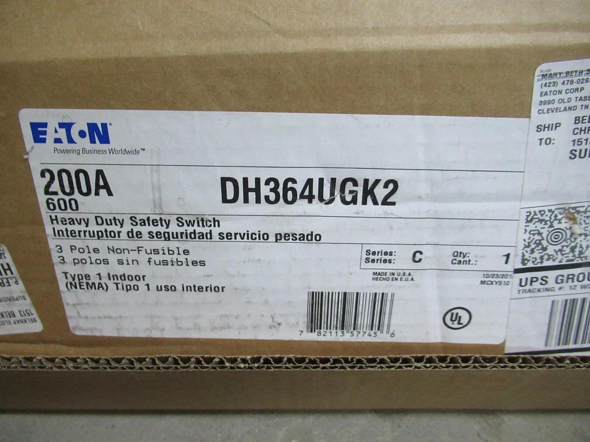 NIB EATON 200 AMP HEAVY DUTY SAFETY SWITCH DH364UGK2 TYPE 1 3-POLE 150 HP 600 V