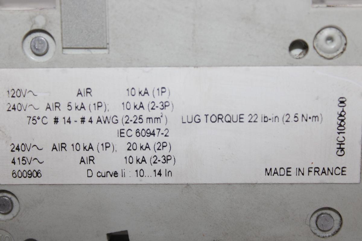 Used MERLIN GERIN MULTI9 CIRCUIT BREAKER C60N D6A 440 VAC 6 AMP 2-POLE