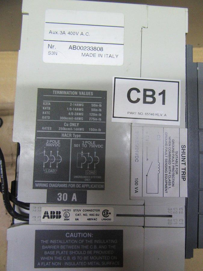Used ABB SACE S3 S3N CIRCUIT BREAKER 480 VOLT 2-POLE 30 AMP W/ SHUNT TRIP