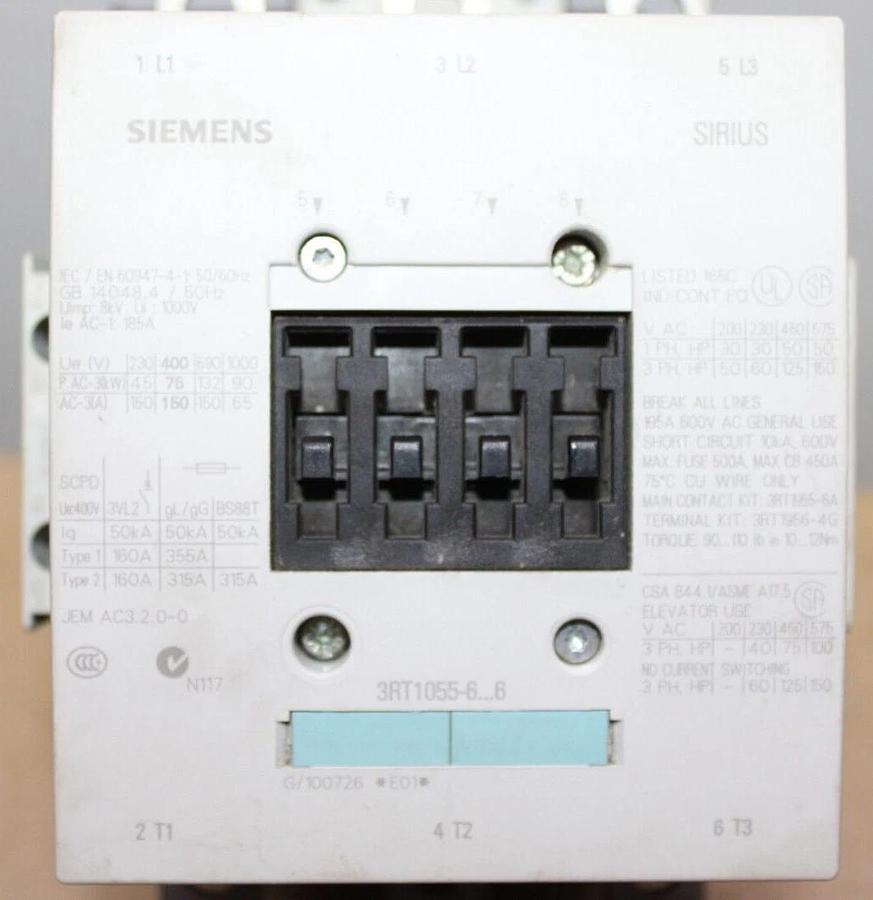 Used SIEMENS CONTACTOR 3RT1055-6...6 600 VAC 195 AMP 3-PHASE 150 HP COIL: 120 VAC