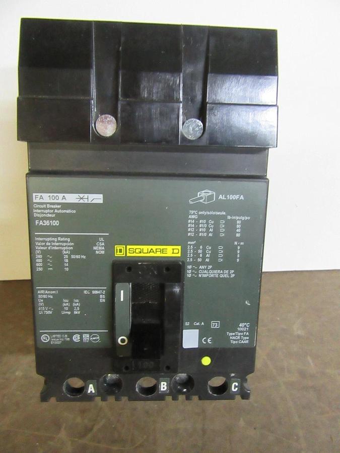 SQUARE D I-LINE BREAKER FA36100 3-POLE 100 AMP 600 VAC W/ LUGS **WARRANTY**