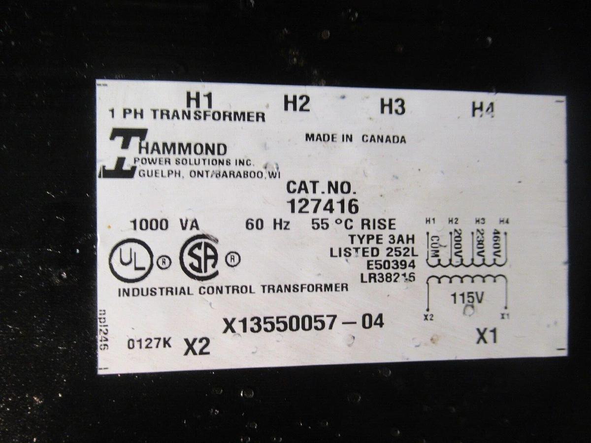 Used 1 KVA (1000 VA) HAMMOND TRANSFORMER 127416 X1355057-04 240/480 VOLT 60HZ