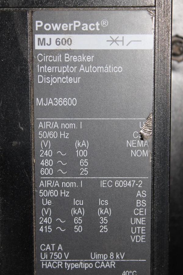 SQUARE D POWERPACT I-LINE CIRCUIT BREAKER MJA36600 600 AMP 3-POLE 600 VAC