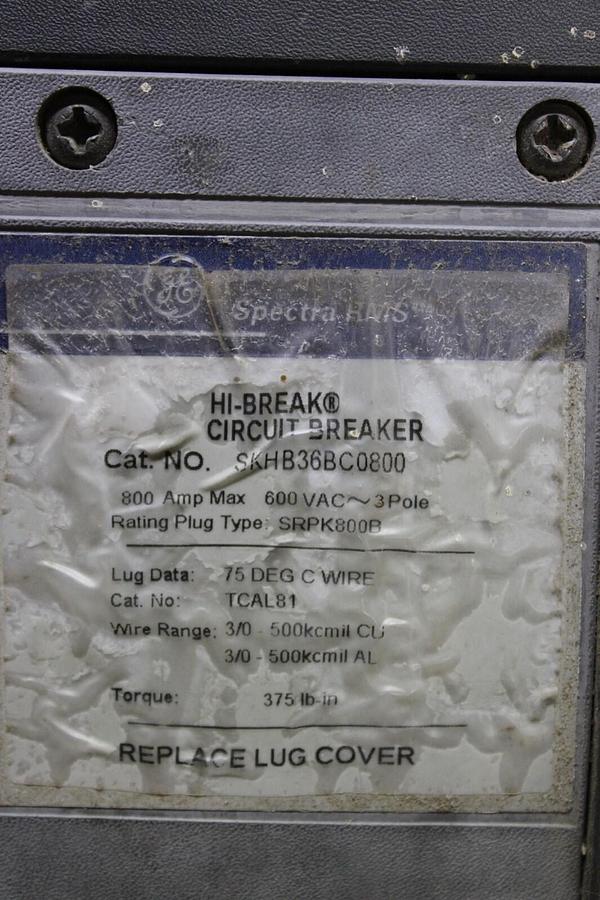 Used GE SPECTRA RMS HI-BREAK CIRCUIT BREAKER SKHB36BC0800 800 AMP 600 VAC