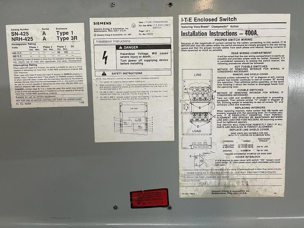 Used ITE HEAVY DUTY VACU-BREAK ENCLOSED SWITCH SN-425 NEMA 1 400 AMP 240 VAC
