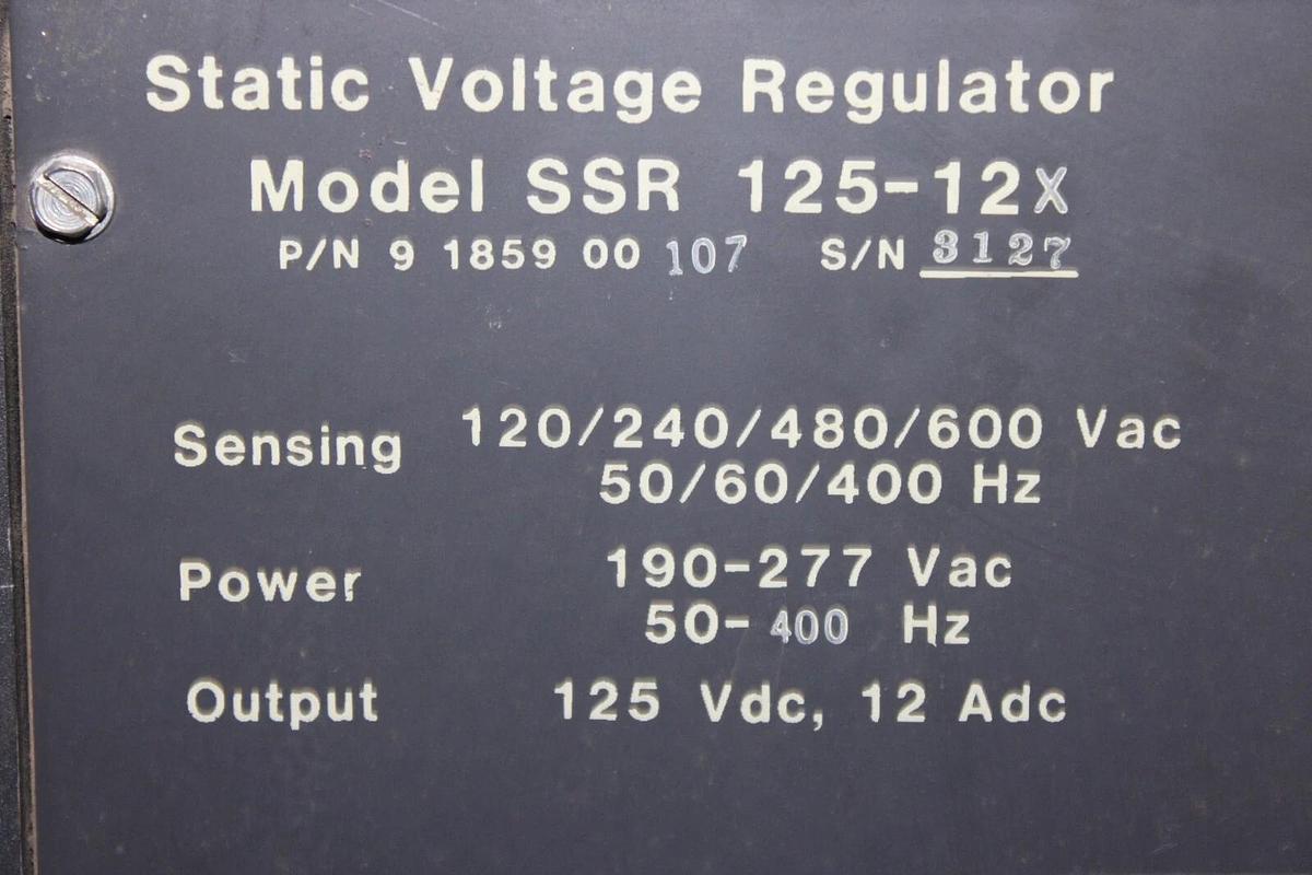 Used BASLER STATIC VOLTAGE REGULATOR SSR 125-12X 9-1859-00-107 600 VAC 400 HZ