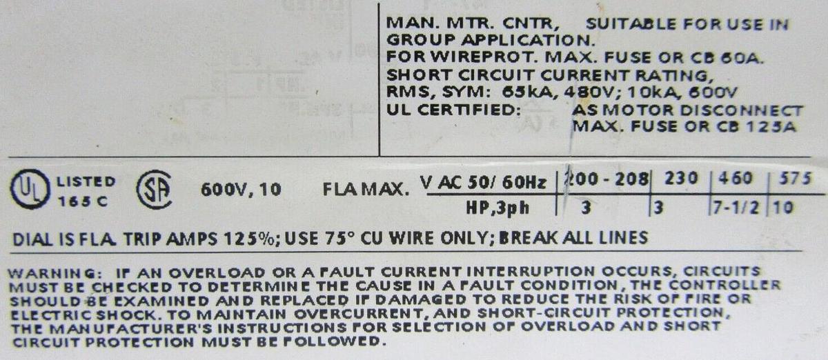 Used SIEMENS MOTOR SAVER 3RV1011-1JA10 600 VOLT 10 AMP 3-PHASE **WARRANTY**