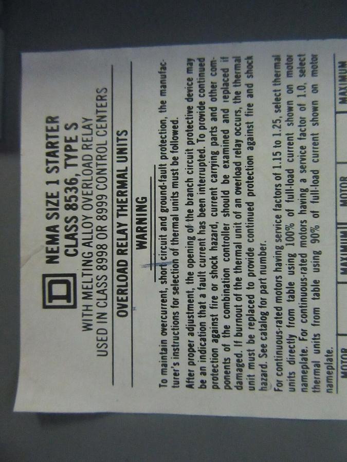 Used SQUARE D MCC FUSIBLE STARTER BUCKET 8998-NE-403 SER. B 12" MODEL: 4 NEMA 1