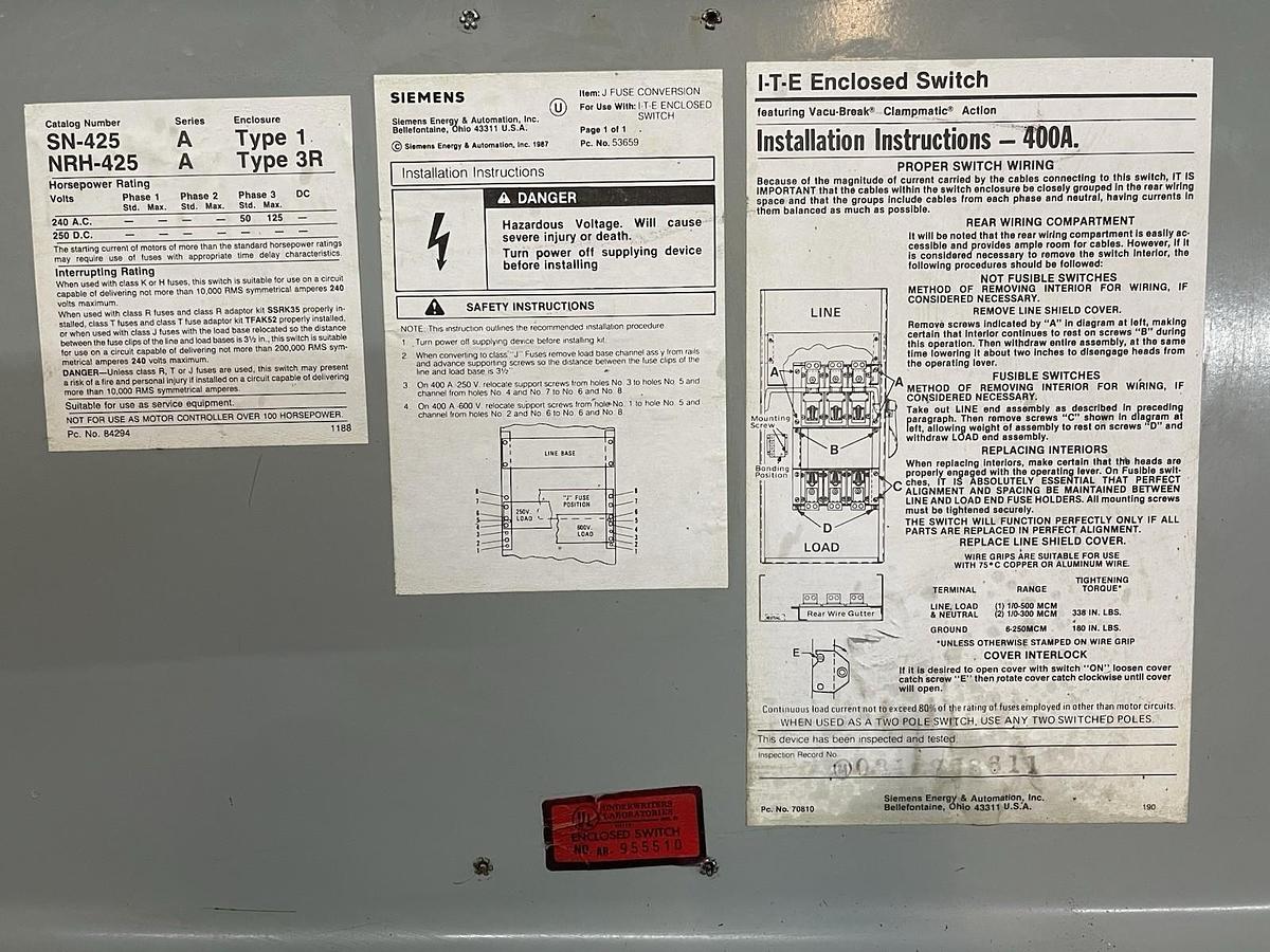 Used ITE HEAVY DUTY VACU-BREAK ENCLOSED SWITCH SN-425 NEMA 1 400 AMP 240 VAC