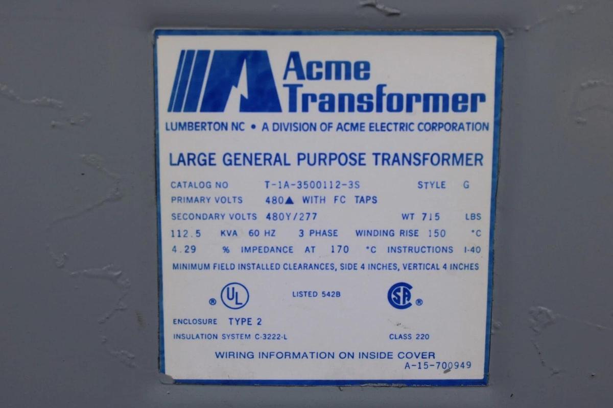Used ACME TRANSFORMER T-1A-3500112-3S 112.5 KVA PRI: 480 VOLT SEC: 480Y/277 VOLT