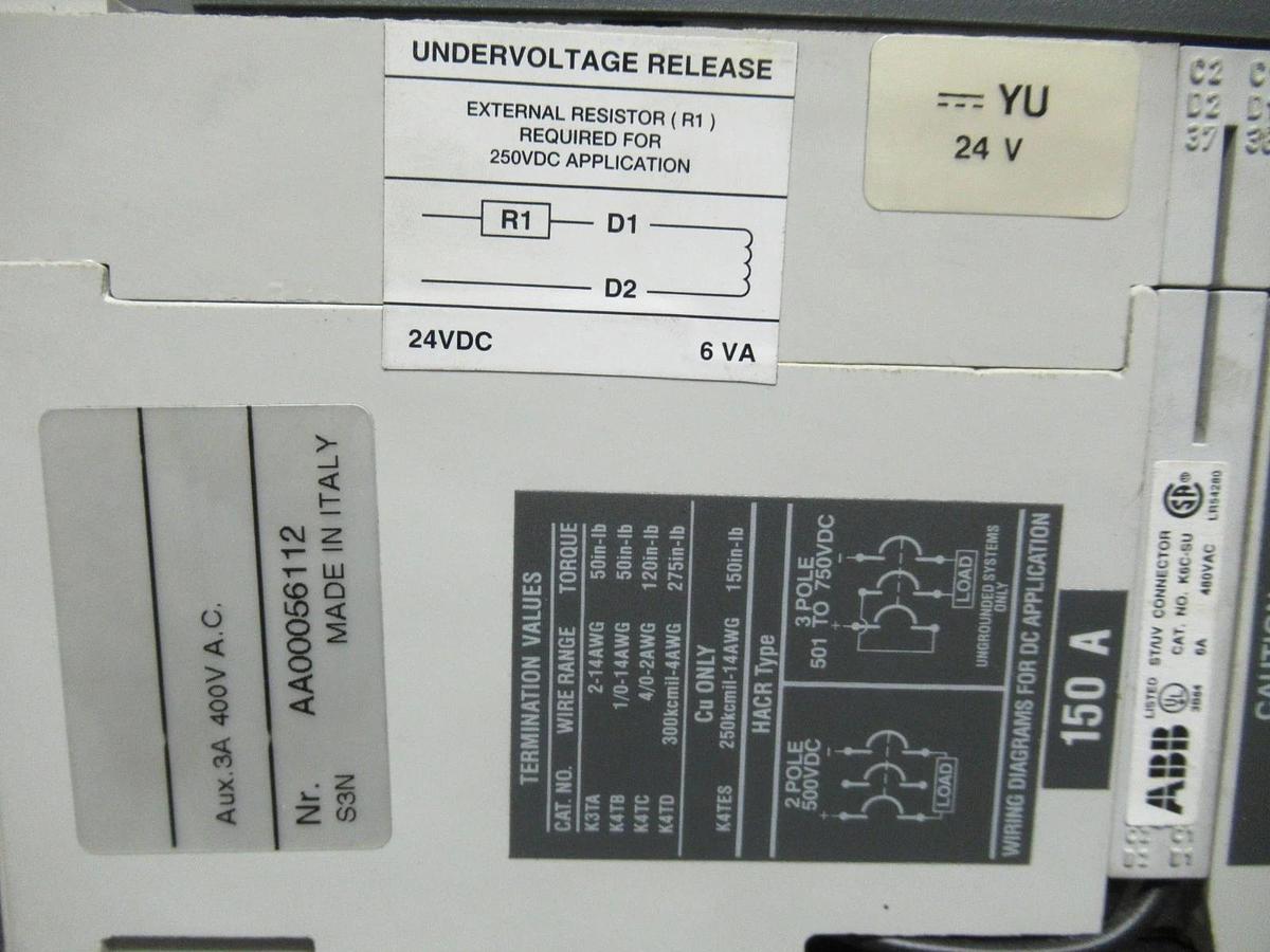 Used 150 AMP ABB BREAKER SACE S3 S3N 500 VDC 2 POLE W/ AUXILIARY SWITCH & UVR