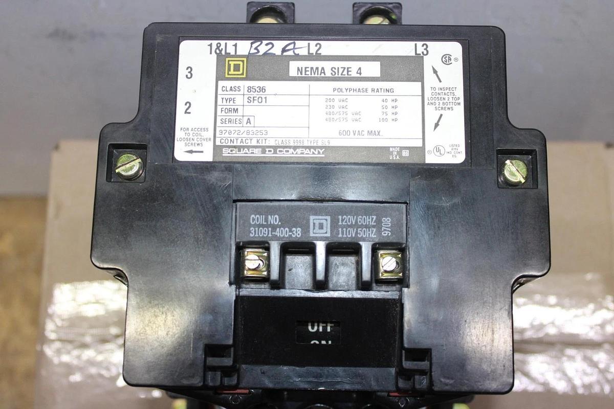 Used SQUARE D NEMA STARTER 8536SF01 NEMA 4 600 VAC 3-POLE 100 HP COIL: 120V