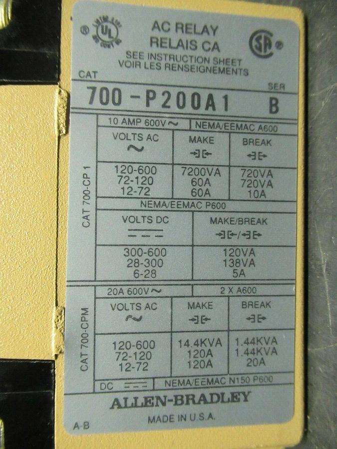 Used ALLEN BRADLEY TYPE P AC RELAY 700-P200A1 600 VAC 10 AMP **WARRANTY INCLUDED**