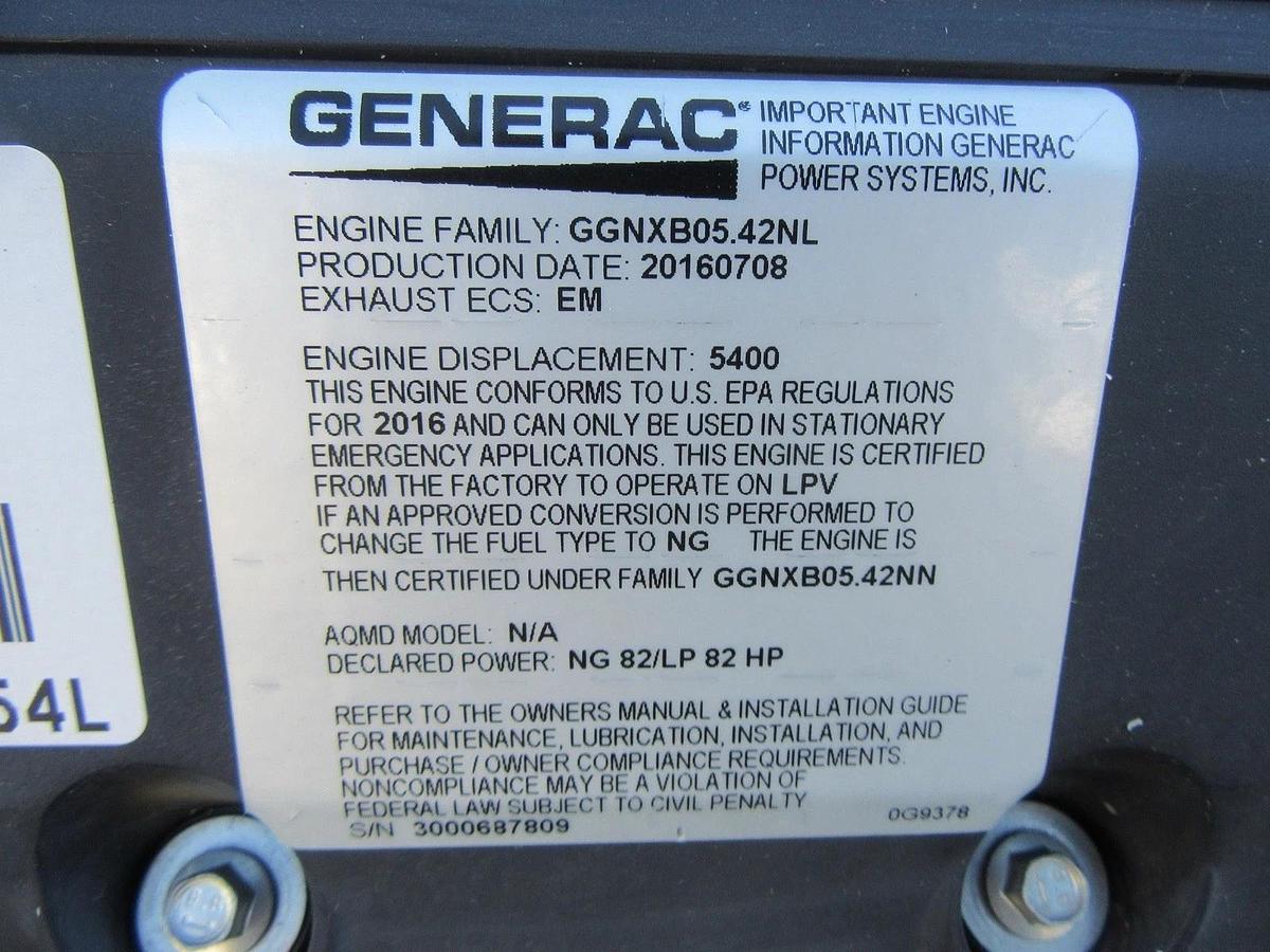 Used 35 KW GENERATOR GENERAC NATURAL GAS LP PROPANE 120/240 V 1 PH 30 KW 40KW 416 HRS