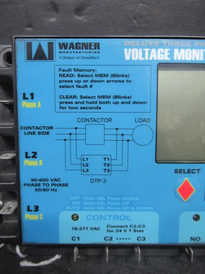 Used WAGNER DELUXE THREE PHASE VOLTAGE MONITOR DTP-3 90-600 VAC 10 AMP