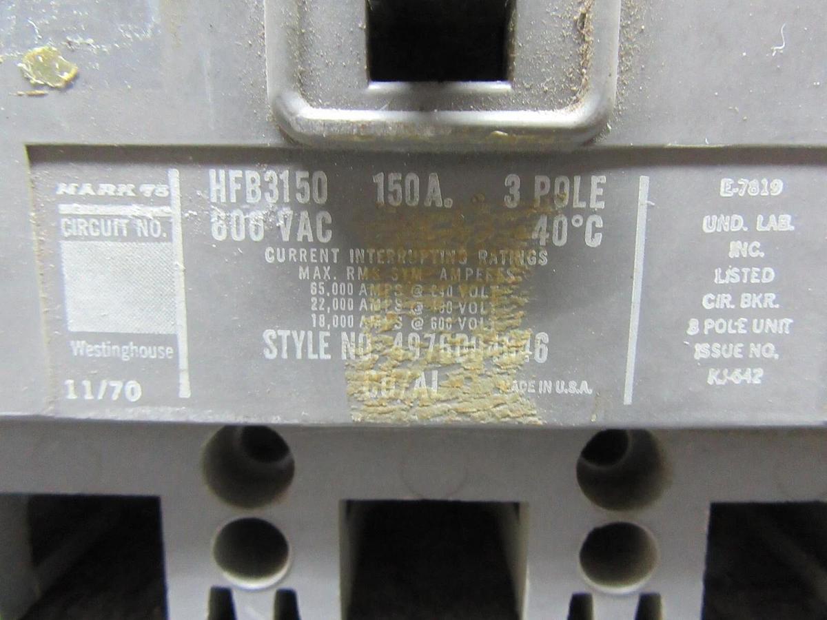 Used WESTINGHOUSE 3-POLE CIRCUIT BREAKER HFB3150 150 AMP 600 VAC 4976D04G46