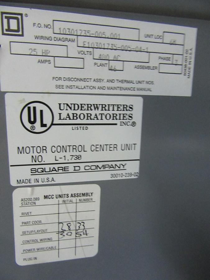 Used SQUARE D MODEL 5 18" NEMA SIZE 2 MCC BUCKET HU100-3CM5 W/ 8536SD01 **WARRANTY**