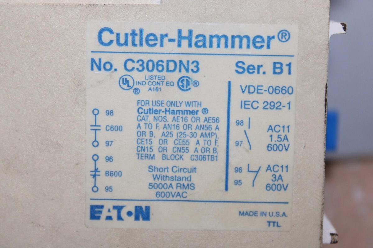 Used CUTLER HAMMER STARTER AE16CNS0 600 VAC 12 AMP 10 HP 3-POLE W/ C306DN3 OVERLOAD