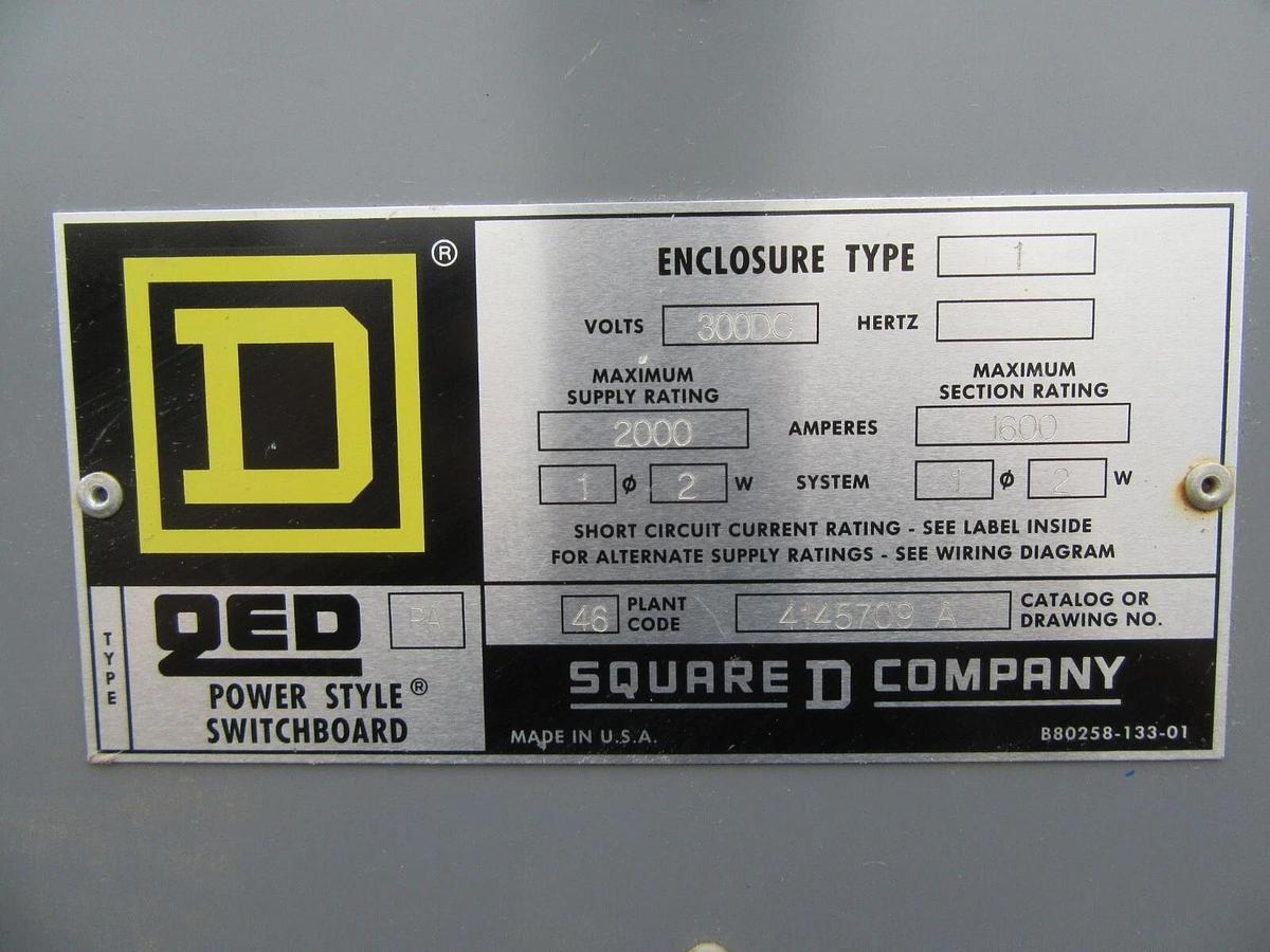 Used 1600 A SQUARE D ENCLOSED 500 VDC QED POWER BREAKER SWITCH NEMA 1 PAF361600DC1286