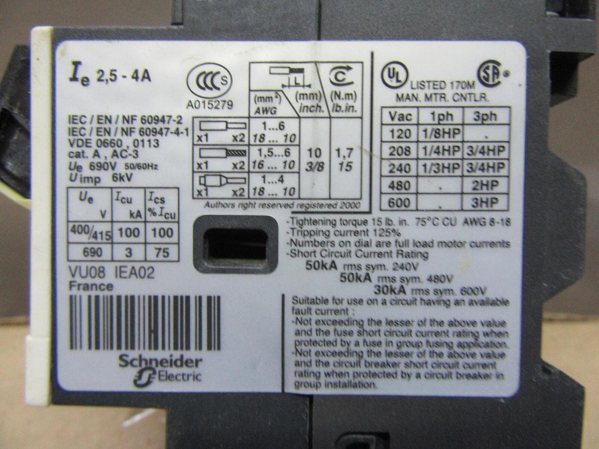 Used LOT OF 2 SQUARE D MANUAL MOTOR STARTER GV2ME08 2.5-4 AMP 600 VAC 3 HP
