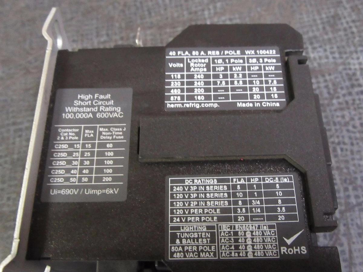 Used (1) COPELAND CONTACTOR 40 AMP 50 RES 600 VAC 3 PH 20 HP 120V COIL 012-3040-01