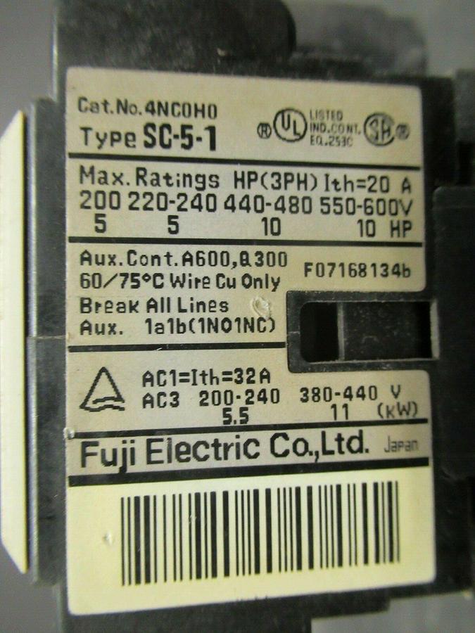 Used FUJI ELECTRIC CONTACTOR 4NC0H0 600 VAC 20 AMP **WARRANTY INCLUDED!**