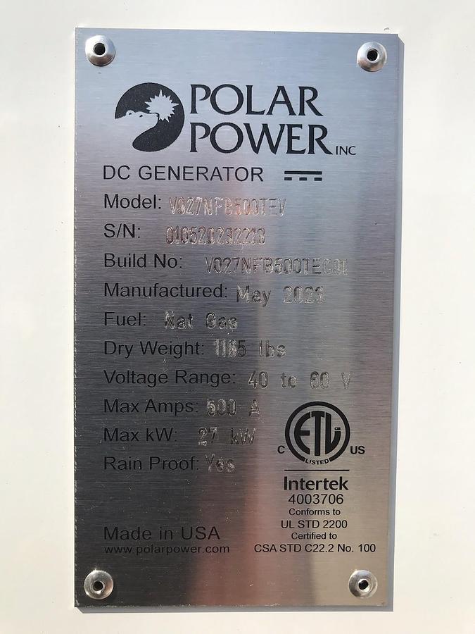 POLAR POWER 27 KW DC GENERATOR 2.5 NAT GAS PROPANE 40-60V 0 HRS NEW SURPLUS