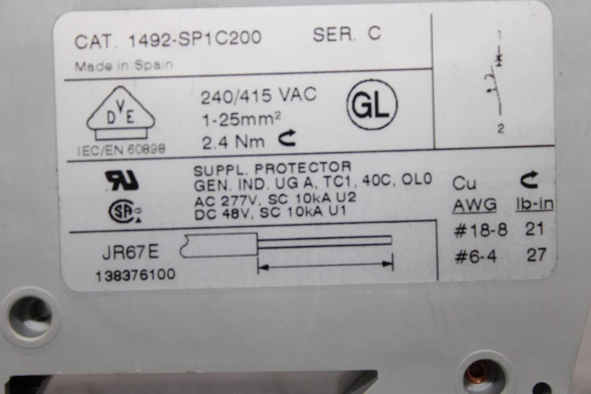 Used ALLEN-BRADLEY SINGLE POLE CIRCUIT BREAKER 1492-SP1C200 20 AMP 240/277 VAC