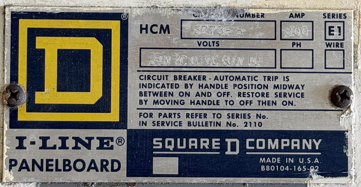 Used SQUARE D I-LINE HCW PANELBOARD 800 AMP 600 VAC TYPE 1 3-PHASE 42-SLOT HC4268DB