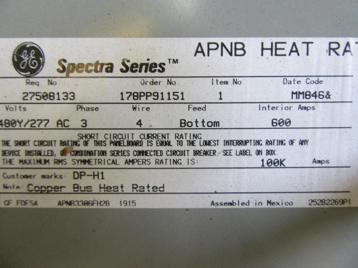 Used GE 600 AMP PANELBOARD SPECTRA SERIES APNB 480/277 VOLT MLO
