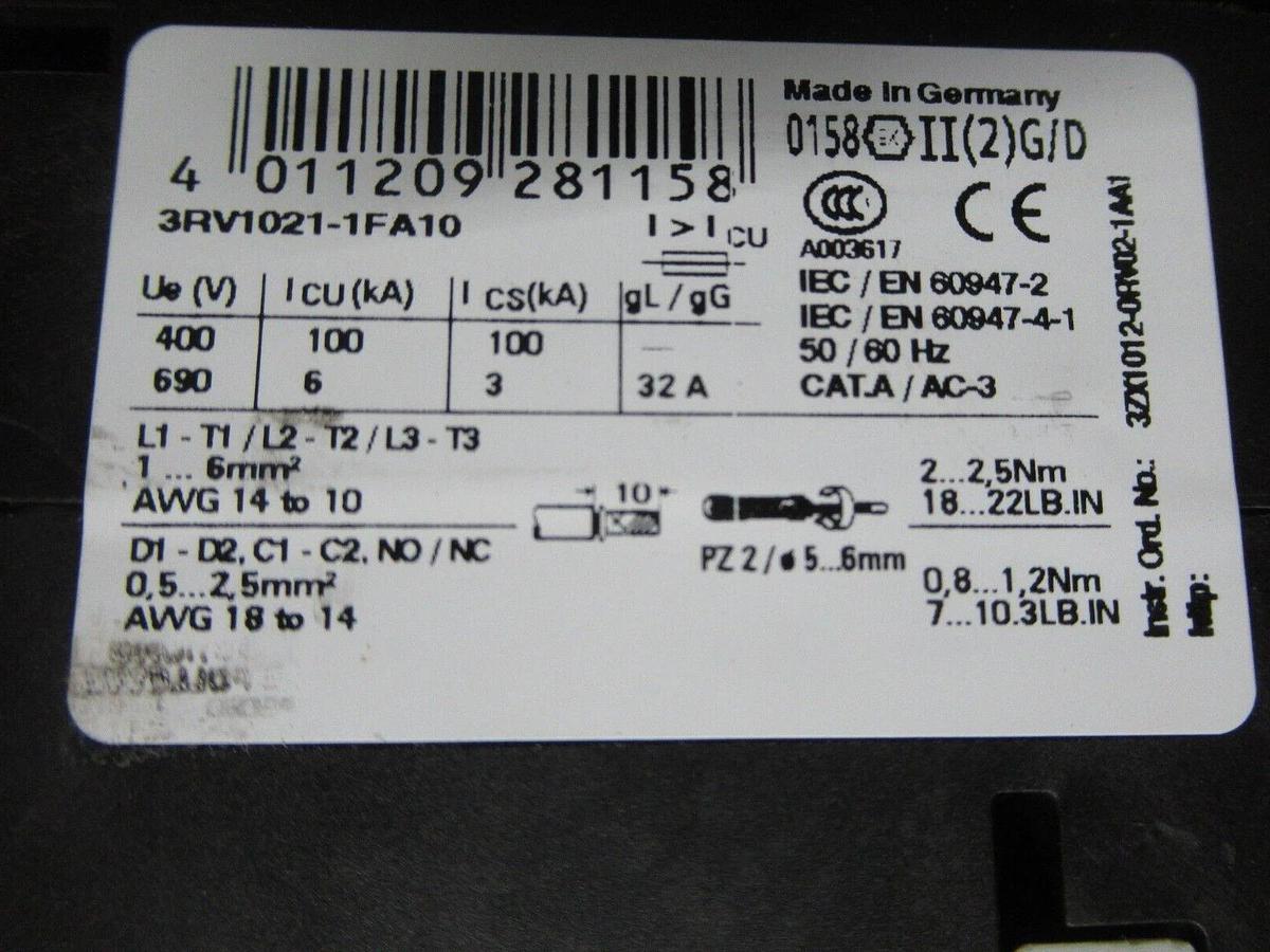 Used SIEMENS MANUAL MOTOR STARTER 3RV1021-1FA10 W/ 3RT1023-1A..0 600 VAC 7.5 HP