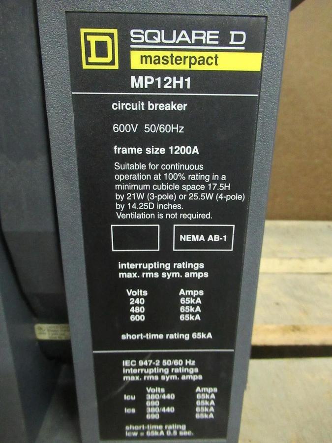 Used 1200 AMP SQUARE D MP12H1 MASTERPACT CIRCUIT BREAKER STR58U TRIP 54750 600 VAC