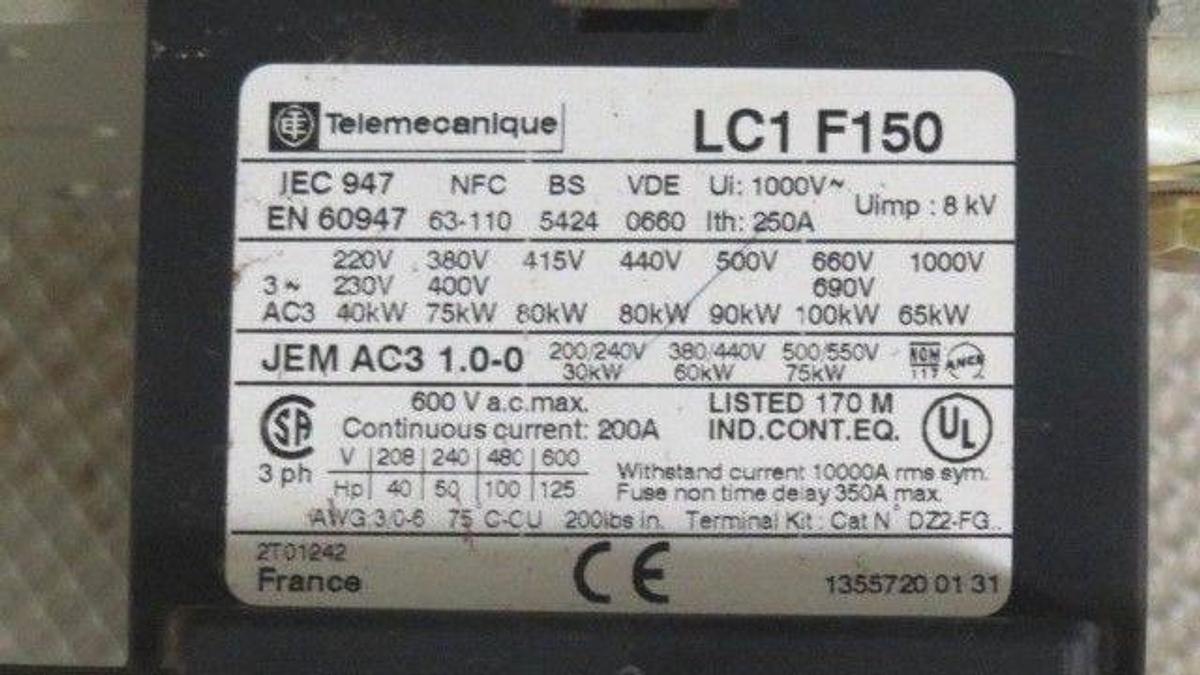 Used TELEMECANIQUE LC1F150 CONTACTOR LC1F150F6S088 200 AMP 600 VOLT 3-PHASE COIL 110V