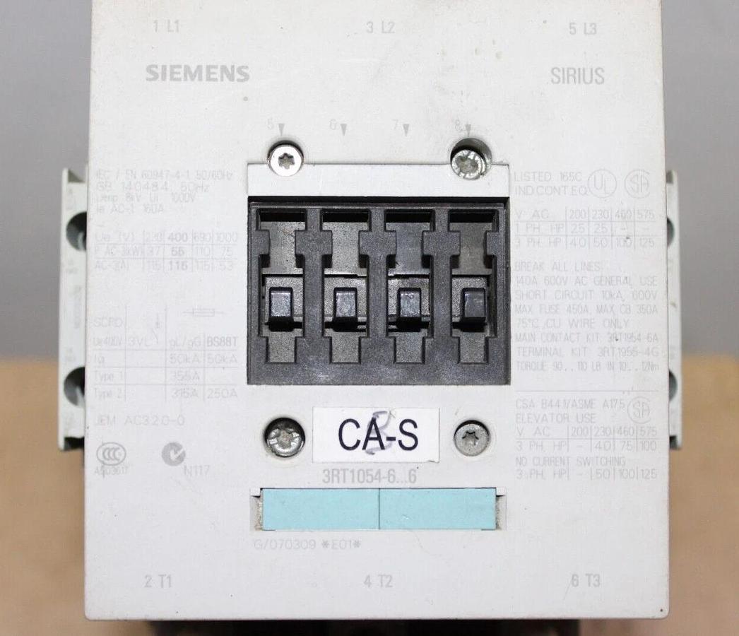 Used SIEMENS SIRIUS CONTACTOR 3RT1054-6 600 VAC 140 AMP 3-PHASE 125 HP COIL: 120V