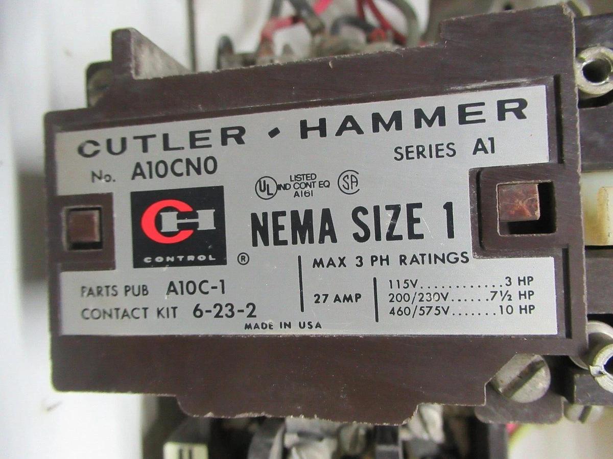 Used CUTLER HAMMER MOTOR STARTER CONTROL 12" W/ A10CN0 NEMA SIZE 1 7 AMP 600 VAC